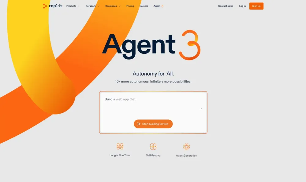 Replit Agent 3 hero with orange and yellow ribbon graphics