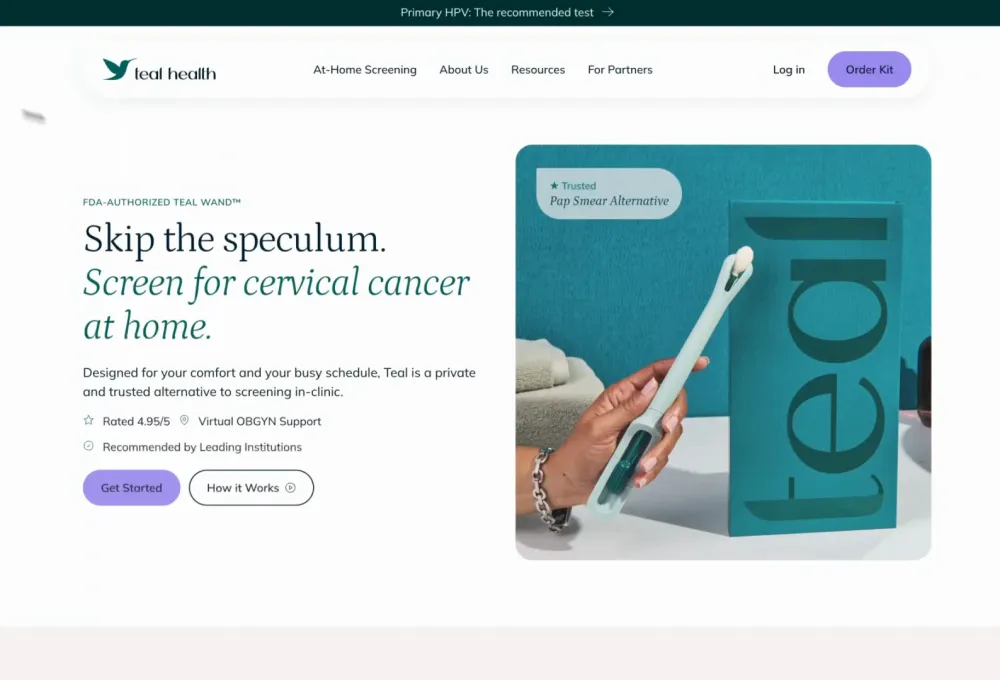 Teal Health homepage with the at-home screening product and ordering navigation