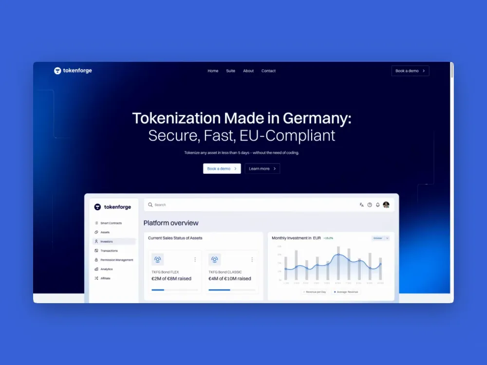 Tokenforge homepage hero with a platform dashboard preview