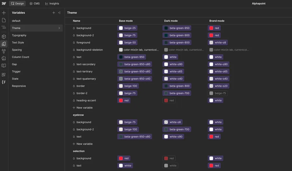 AlphaPoint theme variables in the Webflow Designer.