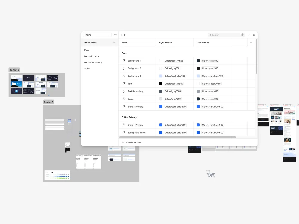 Spherepay design tokens shown in Figma alongside page layouts.