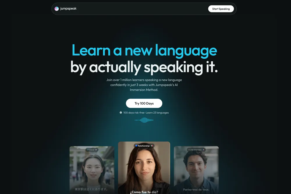 Jumpspeak landing page: "Learn a new language by actually speaking it" above video cards of people speaking.