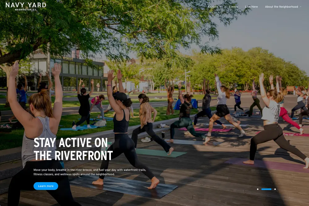Navy Yard DC homepage: an outdoor yoga class on the riverfront under "Stay active on the riverfront".